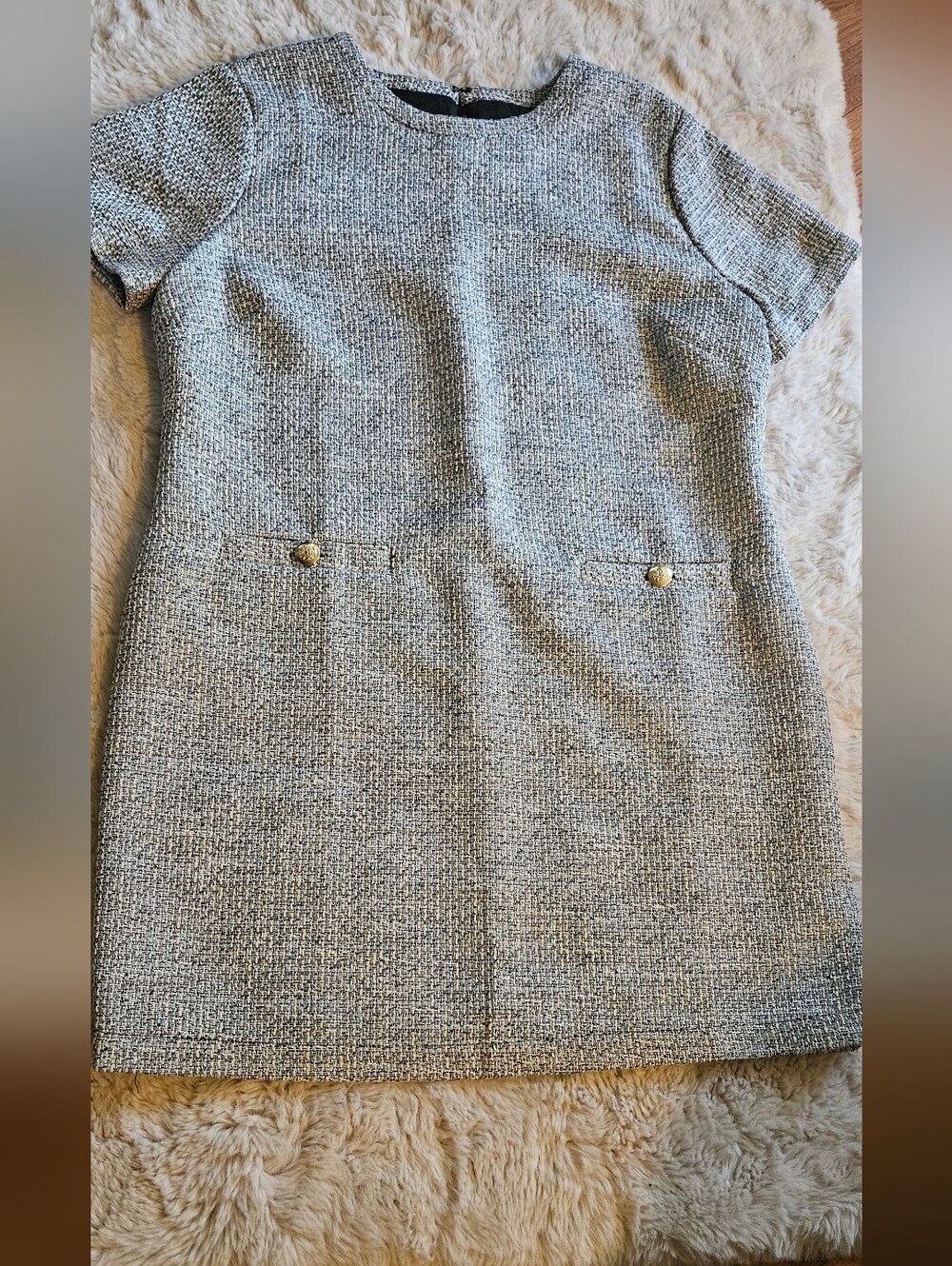 LOFT Gray Textured Short-Sleeve Mini Dress with Gold Accent
